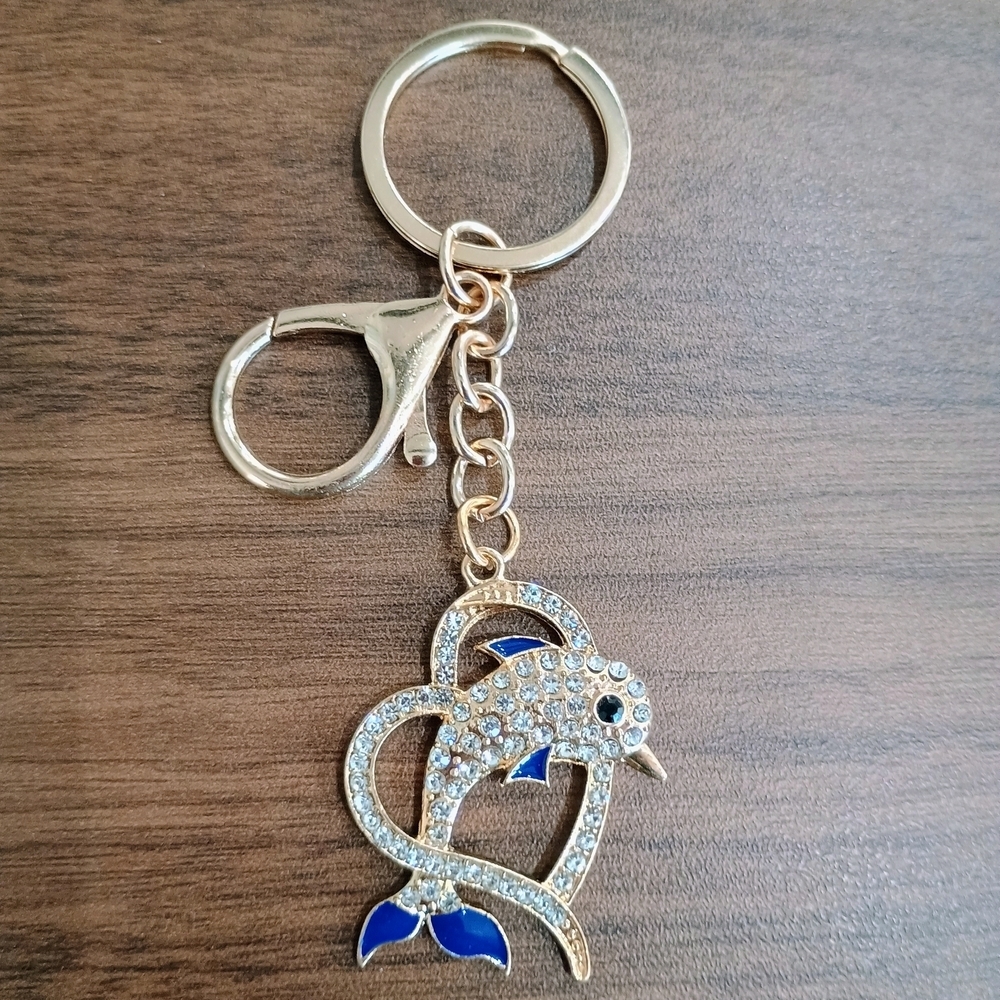 Gold Dolphin Heart Keychain with Blue Enamel Accent
